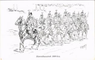 Honvéd huszárok 1869-ben. Honvédség története 1868-1918 / Austro-Hungarian K.u.K. military art postcard, hussars in 1869 s: Garay (EK)