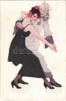 1921 Lady dancing with clown, art postcard (b)