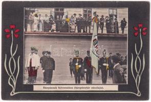 Selmecbánya, Schemnitz, Banská Stiavnica; bányászok felvonulás a társpénztár zászlójával. Joerges 1908. / Parade of the miners with flag. Art Nouveau (EK)