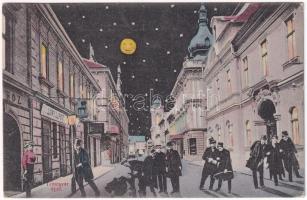 1912 Temesvár, Timisoara; utca, Löwi Lipót üzlete. Humoros montázs éjjel, részeg férfiakkal / , street, shops. Montage at night with drunk men