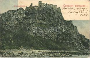 1908 Sztrecsnó, Sztrecsény, Strecno (Turóc); Hrad Strecno / Sztrecsnó vára / castle ruins (szakadás / tear)