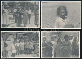 1935 Budapest, piac, gyerekfotók, kis gyerekmuzsikus, stb., 4 db hátoldalon feliratozott fotó, 6,5×9 cm