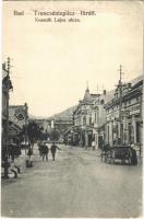 Trencsénteplic-fürdő, Kúpele Trencianske Teplice; Kossuth Lajos utca, Wiener Kuche étterem, bor és sörcsarnok, üzletek / street, restaurant, beer and wine hall, shops (apró lyukak / tiny pinholes)