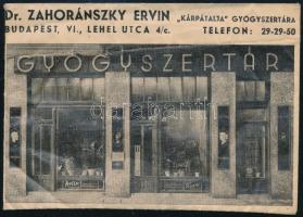 cca 1930-1940 Dr. Záhorszky Ervin Kárpátalja Gyógyszertára Bp. képes reklámborítékja