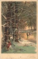 Ice skating romantic couple in winter. Kunstverlag Rafael Neuber "Ei, Ei" S. 57. litho s: Döcker (fl)