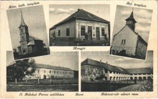 1943 Borsi, Borsa; Római katolikus és református templom, II. Rákóczi Ferenc szülőháza és vár udvari része, Hangya üzlete. Foto Friedmann / churches, castle, cooperative shop (EK)