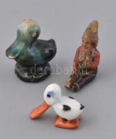 3 db kisméretű figura, csikknyomó (porcelán kacsa, mázas kerámia törpe és kacsa), kézzel festettek, sérülésekkel, m: 3 cm - 4 cm