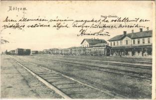 1907 Zólyom, Zvolen; Nagy vasútállomás, vágányok, vonatok / railway station, trains
