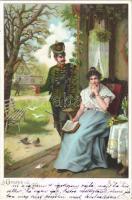 1900 Austro-Hungarian K.u.K. military art postcard, soldier with lady. litho