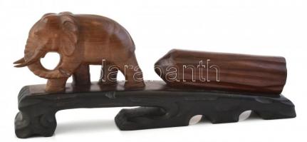 Farönköt húzó elefánt, faragott keményfa szobor, 35,5x5,5x14 cm