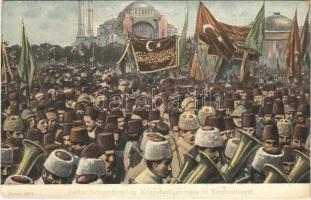 Balkan Kriegsschauplatz. Kriegsfundgebungen in Konstantinopel. Serie 48/4. Ausgabe des Kriegsfürsorgeamtes Wien / WWI Austro-Hungarian K.u.K. military art postcard, war support fund in Constantinople, Ottoman Army, Turkish flags (EK)