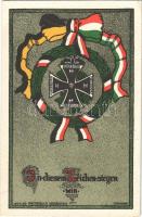 In diesem Zeichen siegen wir. Habsburg, Hötzendorf, Hohenzollern, Hindenburg / WWI German and Austro-Hungarian K.u.K. military art postcard, Viribus Unitis, patriotic propaganda. Druck v. Guberner & Hierhammer litho s: Fritz Papke (EK)