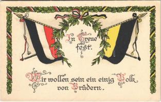 In Treue fest / WWI German and Austro-Hungarian K.u.K. military art postcard, Viribus Unitis, patriotic propaganda with flags. E. A. Schwerdtfeger & Co. K. 92. (EK)