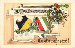 Einigkeit macht stark! / WWI German and Austro-Hungarian K.u.K. military art postcard, Central Powers propaganda with ribbons. Wiener Rotophot Nr. 184. (EK)