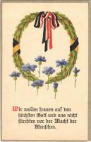 Wir wollen trauen auf den höchsten Gott und uns nicht fürchten vor der Macht der Menschen / WWI German and Austro-Hungarian K.u.K. military art postcard, Viribus Unitis propaganda with ribbons