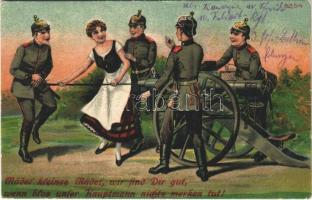 1918 Mädel kleines Mädel... / WWI German military art postcard, soldiers with lady (EB)