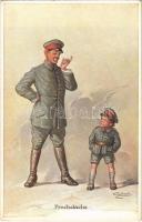 Frechdachs / WWI German military art postcard, soldier with soldier boy. Wohlgemuth & Lissner Feldgrauer Nachwuchs No. 1101. s: W. Fialkowska