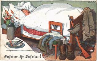1918 Daheim ist daheim! Kriegspostkarte No. 97. / WWI German military art postcard, sleeping soldier at home (fl)
