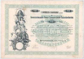 Kunszentmiklós 1926. Kunszentmiklós-Dabas-Szabadszállási Takarékpénztár 10db részvénye egyben, összesen 100P-ről, szárazpecséttel, szelvényekkel T:II