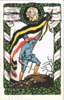 Künstler-Kriegspostkarte Nr. 9. / WWI German and Austro-Hungarian K.u.K. military art postcard, Viribus Unitis propaganda with flags + 1916 Károly király koronázása napján So. Stpl.