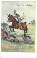 1918 Über Stock und Mann / WWI Austro-Hungarian K.u.K. military art postcard, cavalryman, humour. B.K.W.I. 880-2. s: Schönpflug + K.u.K. Art.-Kmdo. des Küstenrayons Antivari (EK)