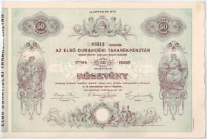 Kiskőrös 1930. "Az Első Dunavidéki Takarékpénztár" részvénye 50P-ről szelvényekkel, szárazpecséttel T:I-,II / Hungary / Kiskőrös 1930. "Az Első Dunavidéki Takarékpénztár" share about 50 Pengő with coupons and embossed stamp C:AU,XF