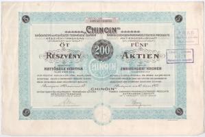 Budapest 1923. Chinoin Gyógyszer és Vegyészeti Termékek Gyára Részvénytársaság 5db részvénye egyenként 200K-ról, szárazpecséttel, bélyegzésekkel, szelvényekkel T:III