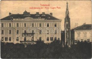 1911 Temesvár, Timisoara; Jenő herceg tér, Temesi Agrár takarékpénztár, Rukavina emlékmű / square, monument, savings bank (fa)