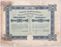 Fiume 1916. Cserzőanyag-Gyár Részvénytársaság részvénye 200K-ról szelvényekkel, szárazpecséttel, bélyegzésekkel T:III restaurál