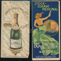 cca 1910-1920 Louis Francois & Co. császári és királyi udvari szállítók Promontor + Stock Cognac Medicinal, Camis és Stock Barcola, 2 db litho számolócédula, kis szakadással, hajtásnyommal