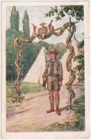 Őrségen cserkésztáborban magyar címerrel. Rigler József Ede 8002. / Hungarian scout art postcard (r)