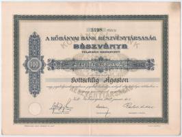 Kőbánya / Budapest 1912. Kőbányai Bank Részvénytársaság névre szóló részvénye 100K-ról, szelvényekkel, szárazpecséttel T:III