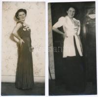 cca 1935 Divatos hölgy elegáns ruhákban, 2 db fotó, felületén törésnyomok, 17×8 cm