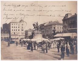 1907 Zagreb, Zágráb; Jelasics tér, piac, üzletek. Óriás fotó / Jelacicev trg / square, market, shops. Giant photo (non PC) (fa) (24,3 x 19 cm)