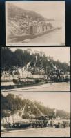 cca 1910-1930 Hajóépítő munkások és folyami gőzhajó, 3 db régi fotó és fotólap, 12x8,5 cm 13,5x8,5 cm
