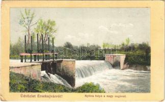 1915 Érsekújvár, Nové Zámky; Nyitra folyó a nagy zugóval. Winter Emil kiadása / Nitra river with dam (EK)