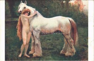 Bons amis / Gute Freunde / Erotic nude lady art postcard, lady with horse. Paul Heckscher Imp. 127. s: Jan Styka