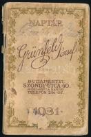1931 Grünfeld József italkereskedő reklámos zsebnaptára, kopottas állapotban
