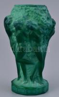 Cseh Bohemia art deco váza, zöld malachit üveg, formába öntött, jelzés nélkül, a talpán karcolásokkal, m:13 cm