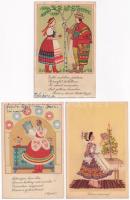 3 db modern magyar népviseletes művész motívum képeslap / 3 modern Hungarian folklore art motive postcards