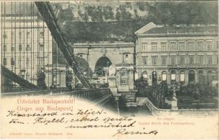 1898 (Vorläufer!) Budapest I. Alagút a várhegy alatt a Lánchídról nézve (ritka felvétel!), Takarékpénztár, Zaillner Gyula Kávéháza / rare view!