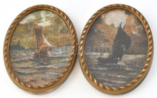 Jelzés nélkül: Hajók 2 db festmény párban. Olaj, karton, üvegezett keretben 10x12 cm