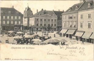 1906 Wiener Neustadt, Bécsújhely; Hauptplatz mit Rathhaus, Leop. Walter Sohn, Alexander Salmhofer / main square, town hall, shops, market (wet damage)