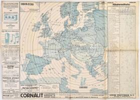 cca 1920-1930 Európa rádió állomásainak térképe hibakereső kulccsal, 50×70 cm