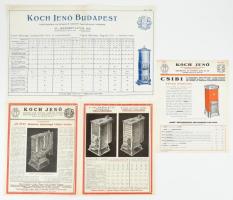 cca 1930 Budapest VI., Koch Jenő Vasipari gyár, Kályhák, Központi Fűtések tájékoztató prospektus, szórólap, árjegyzék, 3 db