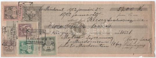 Mindszent / Ó-Mindszent 1902. Kitöltött váltó 5200K-ról, illetékbélyegekkel, bélyegzésekkel, vízjeles papíron T:III szakadás