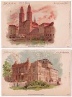 1909 Zürich, Zurich; - 2 db régi litho képeslap / 2 pre-1945 litho postcards
