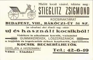 Stieglitz Zsigmond kocsiraktár reklámja. Budapest VIII. Rákóczi út 51. / Hungarian carriage store advertisement