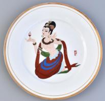 Kínai porcelán tál, matricás, jelzett, kopásnyomokkal, d: 23 cm