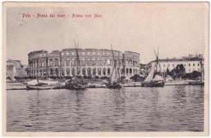 1909 Pola, Pula; Arena dal mare / Arena vom Meer / amphitheatre, boats (ázott / wet damage)